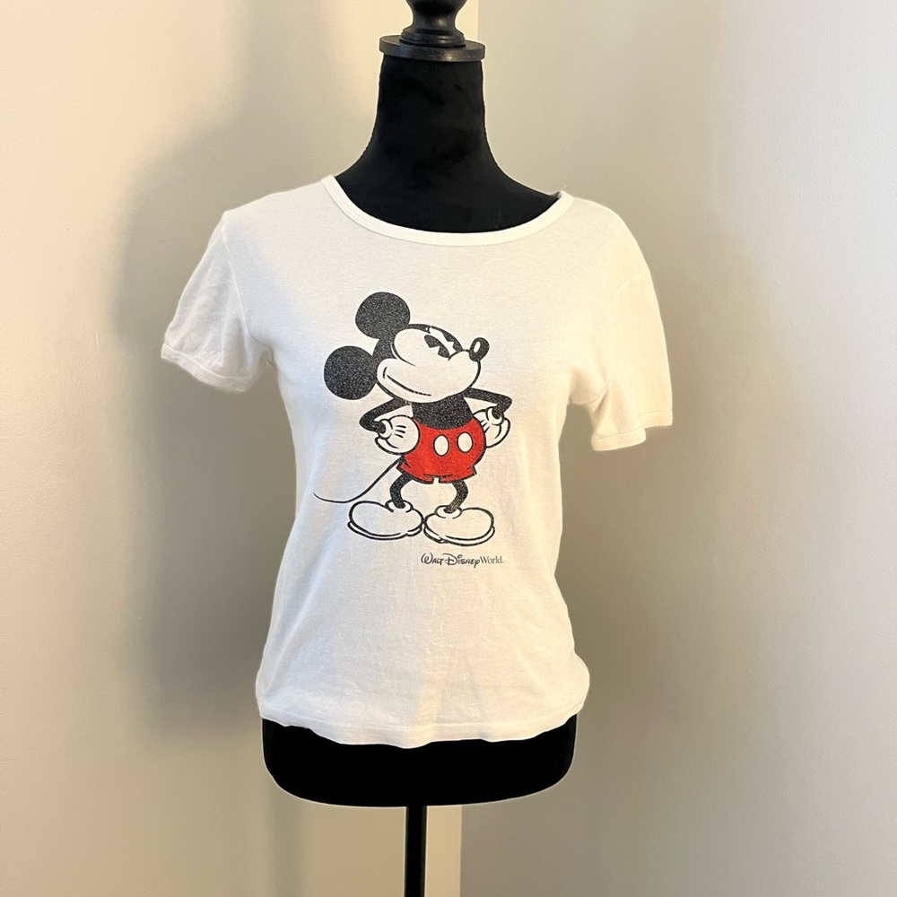 VTG 90s Walt Disney World Women's Small Mickey Mouse T-Shirt Glitter White